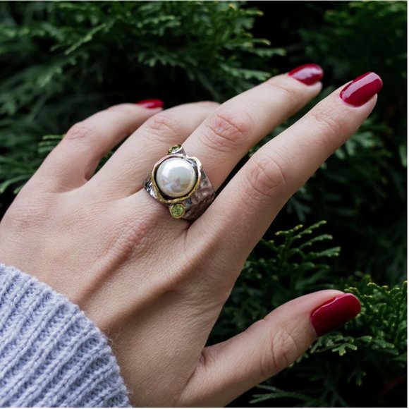 NEW Italian Jewelry Olivine Pearl Ring - Picture 11 of 14